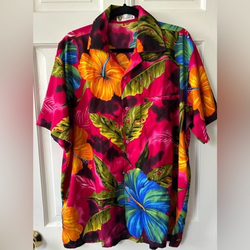 V.H.O. Men’s Hawaiian Floral Shirt by Vintage Brand V.H.O Size XL Bright Pink